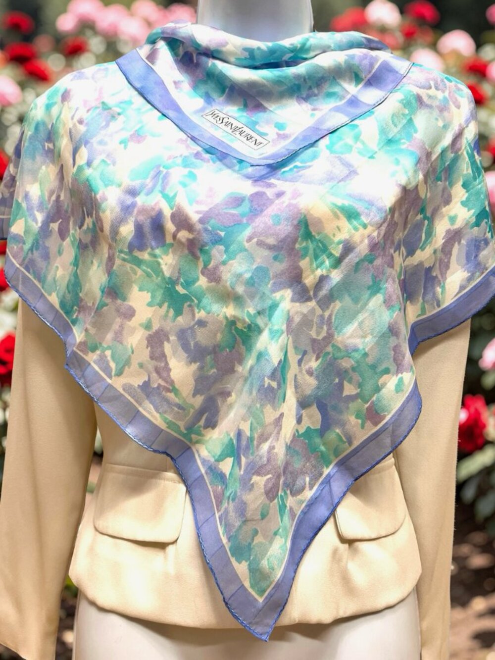 Unused -Yves Saint Laurent  Silk Chiffon Satin Scarf 22"  paste blue striped (31